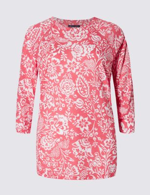 Loose Fit Floral T-Shirt with Linen